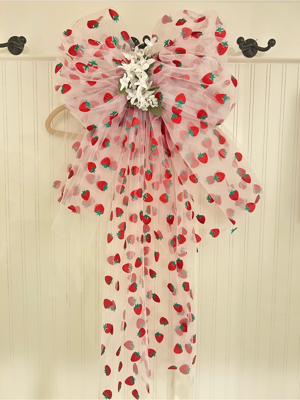 Strawberry Tulle Print Light Pink Decorative Bow with Floral Accent